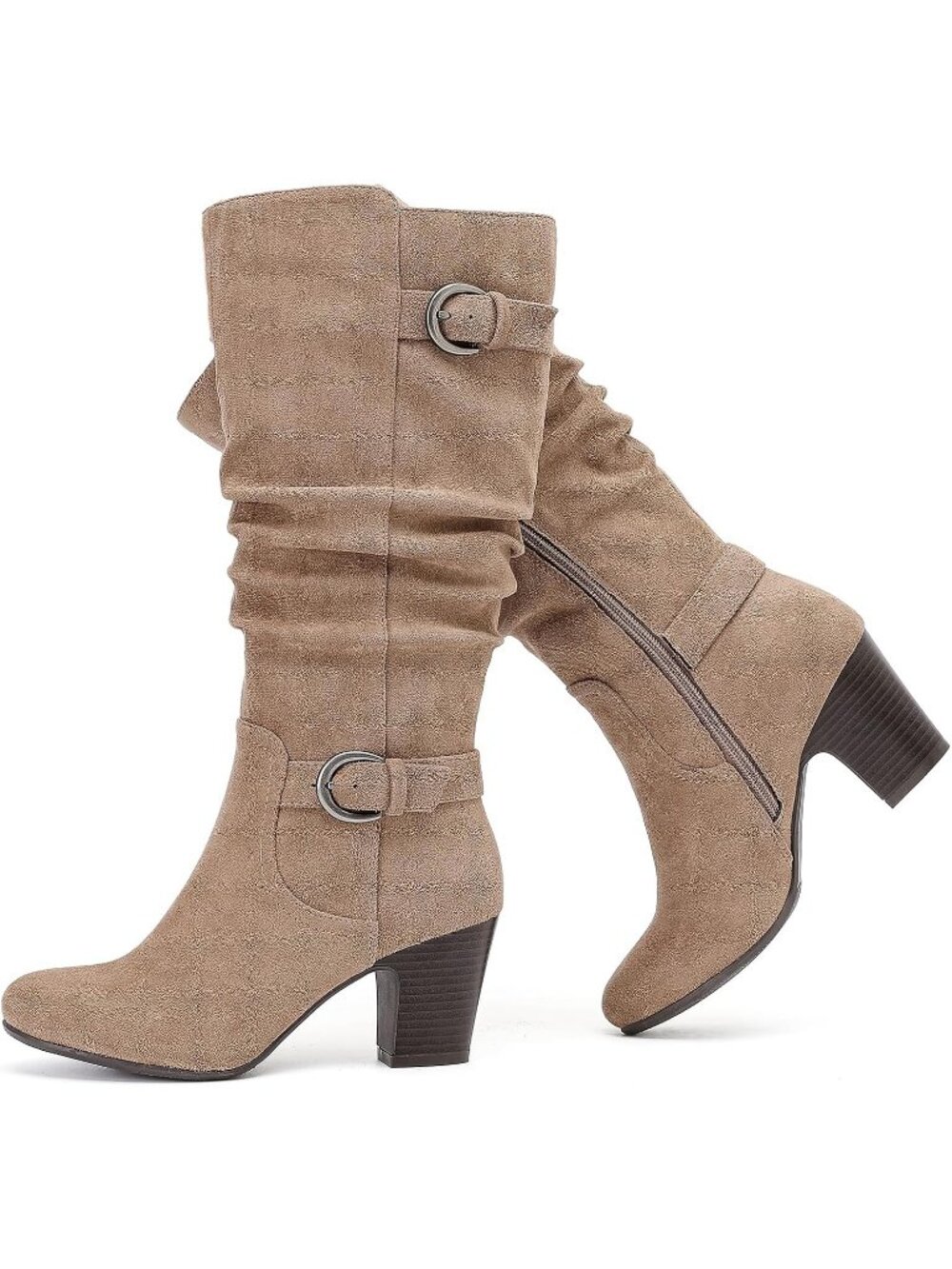 Women's Beige Mf Knee High Boots Heeled Boots Chunky Heel Slouchy Round Toe
